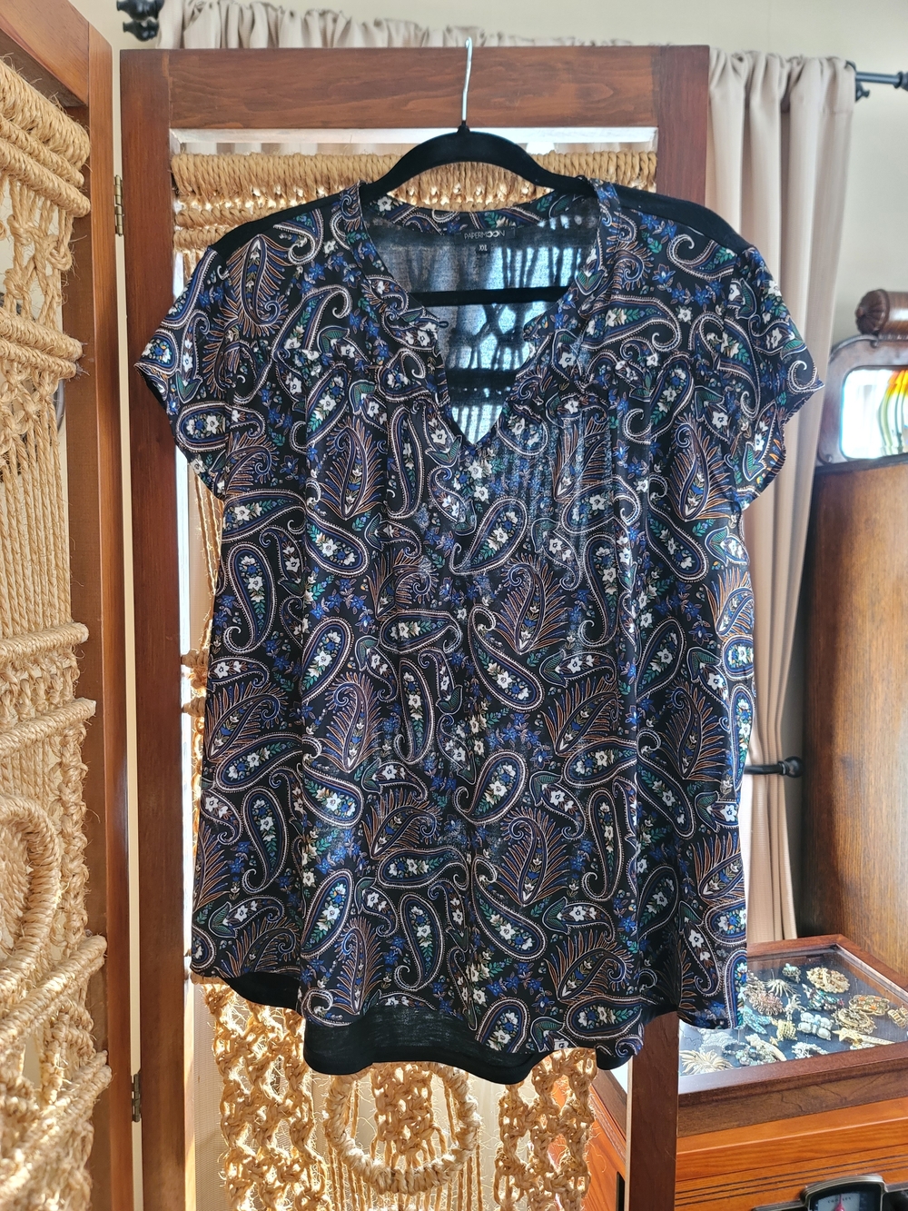 Papermoon Paisley V-Neck Short Sleeve Top - Black with Blue & Brown